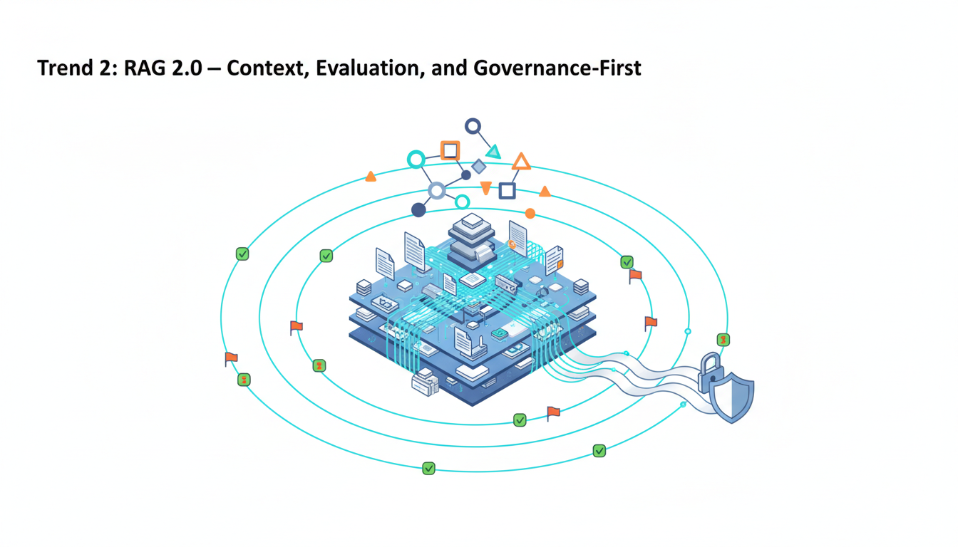 Illustration for 'Trend 2: RAG 2.0 — Context, Evaluation, and Governance-First': a layered "context fabric" scene — stacks of documents and microcards connected by woven threads into a persistent memory mesh; a knowledge graph (nodes and labeled connection shapes, but with no readable text) rises from the mesh showing entity relationships; circular evaluation loops orbit the mesh, each loop containing small check-or-flag icons (green/amber/red) to represent validation gates and provenance checks. Include a subtle audit trail ribbon leading to a shield-and-lock symbol to imply governance. Technical, slightly tactile vector-illustration style on white background, restrained cyan #00D9FF accents along threads and validation loops (10–20%), professional modern, no text, 16:9 aspect ratio