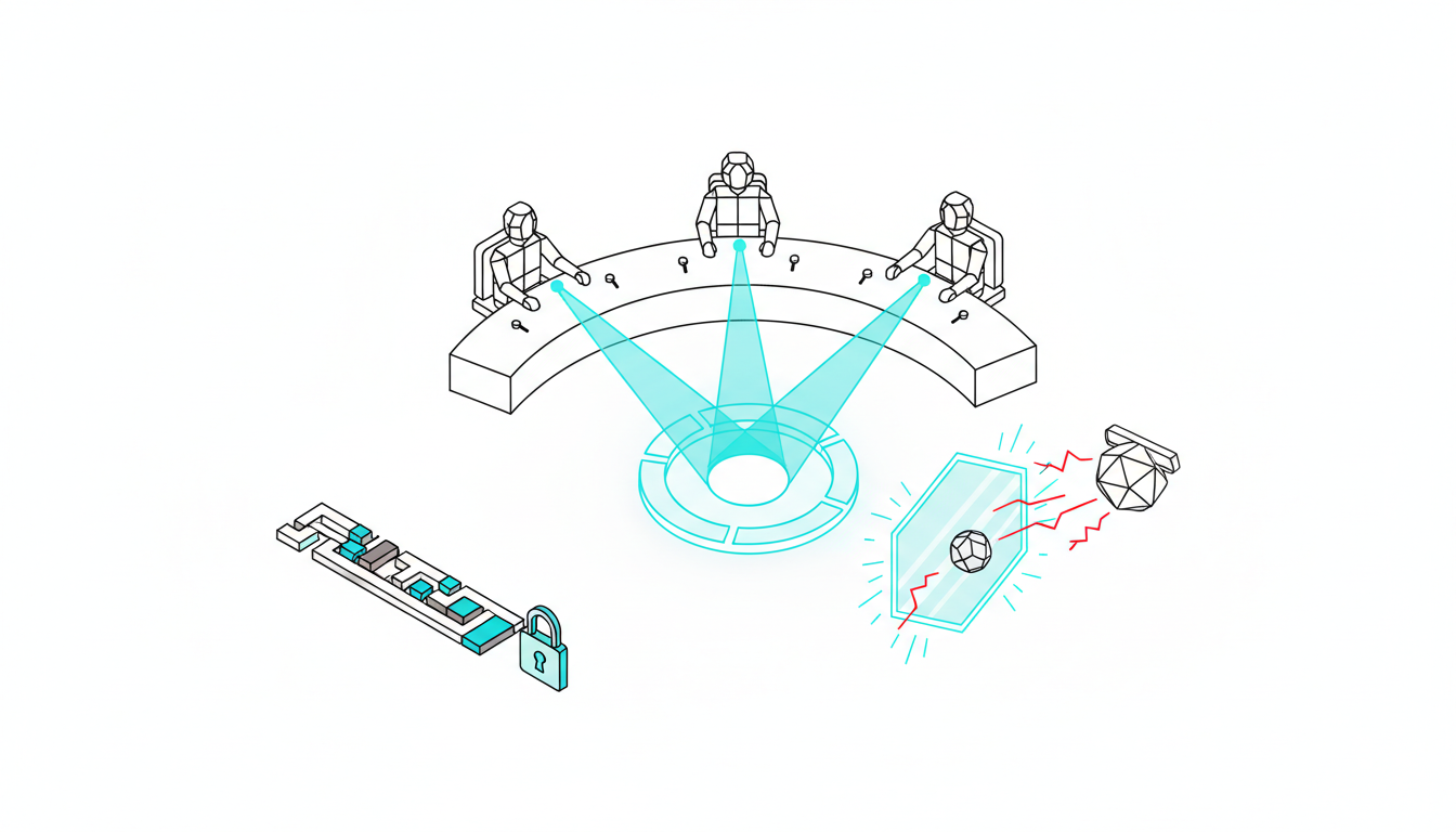 Illustration for 'Trend 4: Evaluation Becomes a First-Class Discipline': a focused scene of a multi-model evaluation panel — three to five stylized model avatars behind a long evaluation bar casting colored vote-beams toward a central consensus ring that lights up when alignment is reached. Nearby, a compact compliance strip visualizes an abstract audit trail (interlinked blocks and a lock) and a rotating red-team probe testing a small target node with simulated attack sparks deflected by a shielded evaluation gate. Clean technical illustration, isometric perspective, white background, thin black linework, cyan #00D9FF used for vote-beams and highlights (10–20%), explicitly no text, designed to show consensus scoring, red teaming, and auditability together, 16:9 aspect ratio