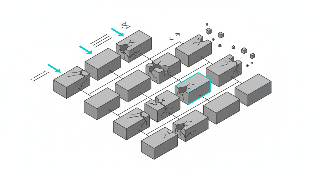 Isometric technical illustration on white background showing a regimented stack of rectangular 'rule blocks' arranged like a rigid flowchart; blocks are precise gray bricks with narrow connector lines; several blocks show visible fractures and gaps where flow breaks, small detached blocks hovering aside to imply brittleness, cyan (#00D9FF) used subtly on input arrows and one highlight block, schematic annotations implied but explicitly no text visible, clinical vector linework with measured spacing to emphasize brittleness and non-scalability, professional modern style, 16:9 aspect ratio