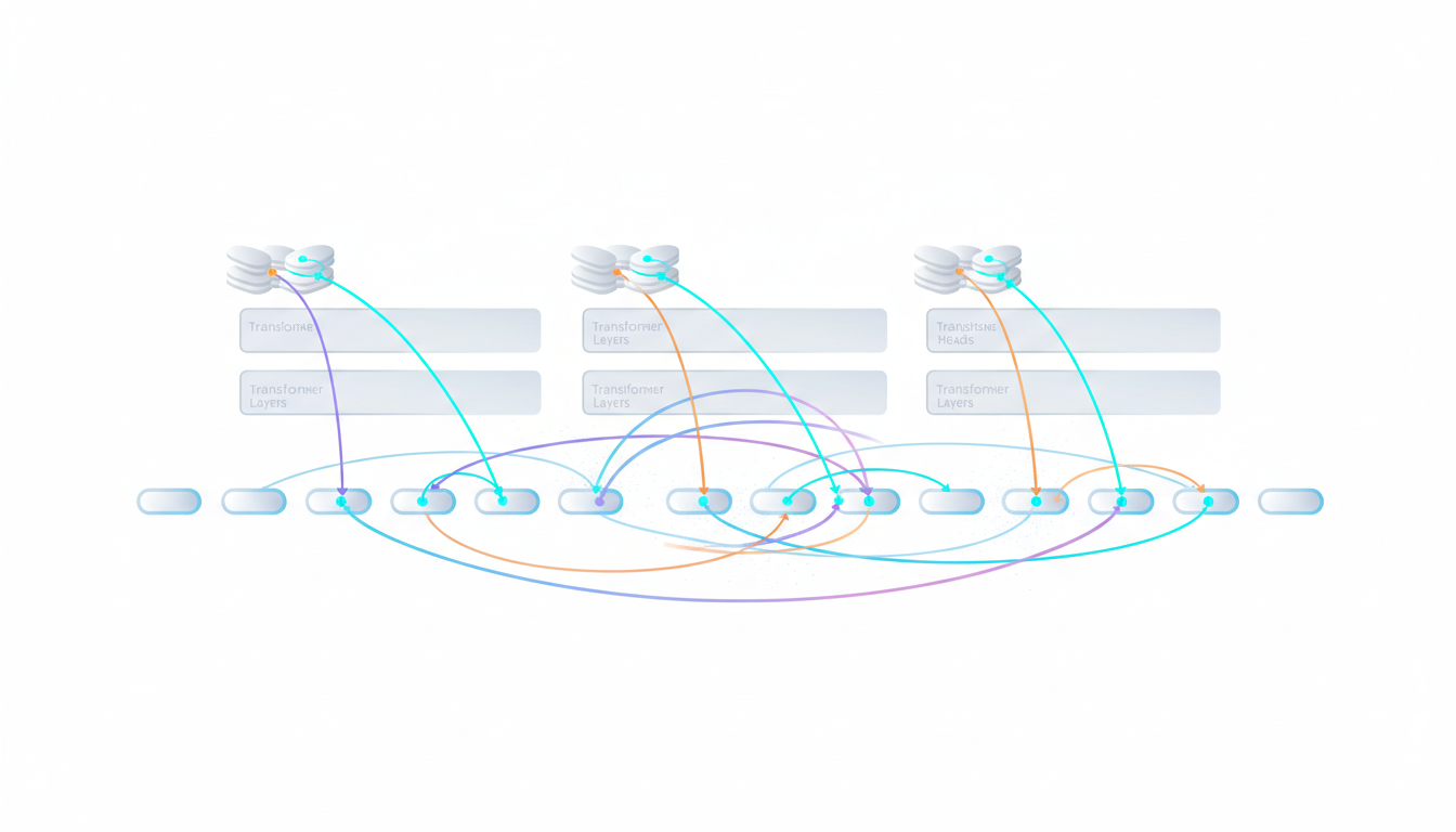 Clean technical diagram on white background depicting a horizontal sequence of rounded token units flowing through stacked transformer layers (rectangular blocks) with multiple semi-transparent attention 'ribbons' arcing between distant tokens; attention heads represented as layered discs above each transformer block with cyan (#00D9FF) arcs showing strong attention links, subtle particle glow where attention concentrates, parallel-processing emphasis with all tokens visible simultaneously, vector-style precision, no text or numeric labels, professional modern style, 16:9 aspect ratio