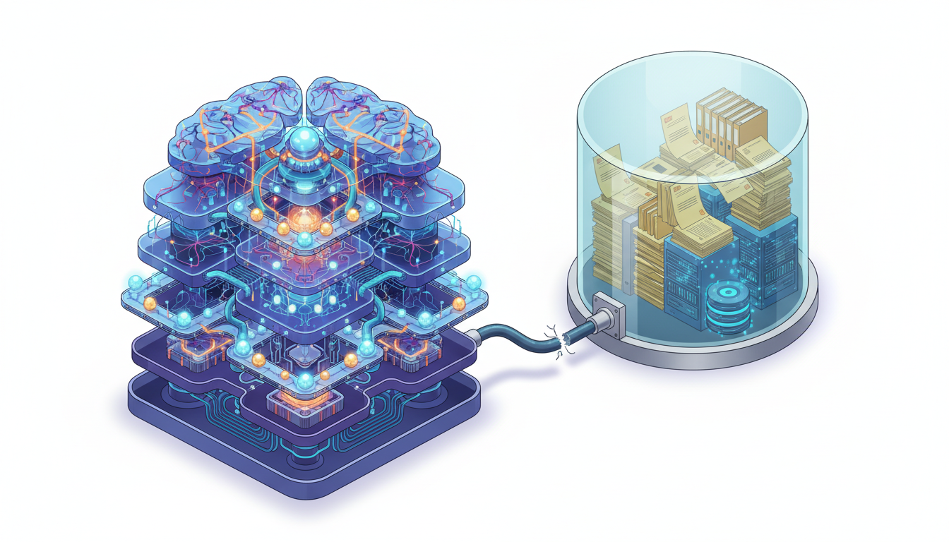 Isometric technical illustration: cross-section of a generative 'prediction engine' — layered neural-net brain of glowing nod