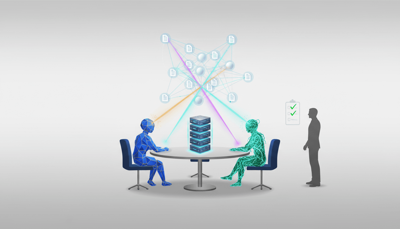 Orchestration visualization: a roundtable of three distinct AI agents (geometric, biomorphic, server-stack avatars) sending c