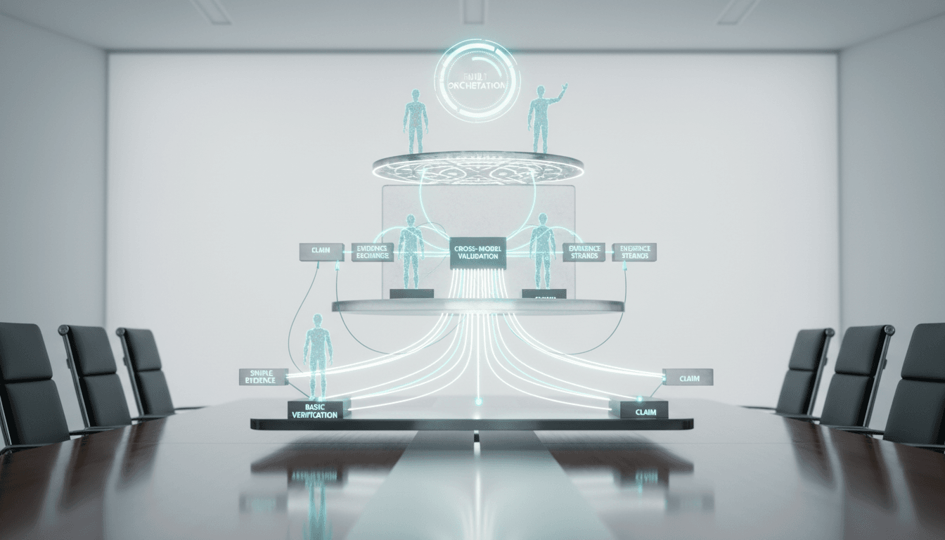 Tiered control-stack diagram rendered as a cinematic, photoreal-illustration hybrid: a vertical three-level stack floats abov