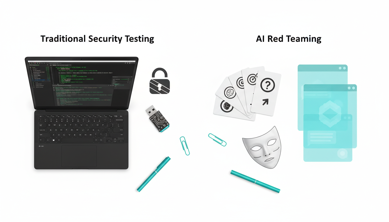 A split-desk scene photographed from above showing two adjacent workstations on a clean white background: left side staged as