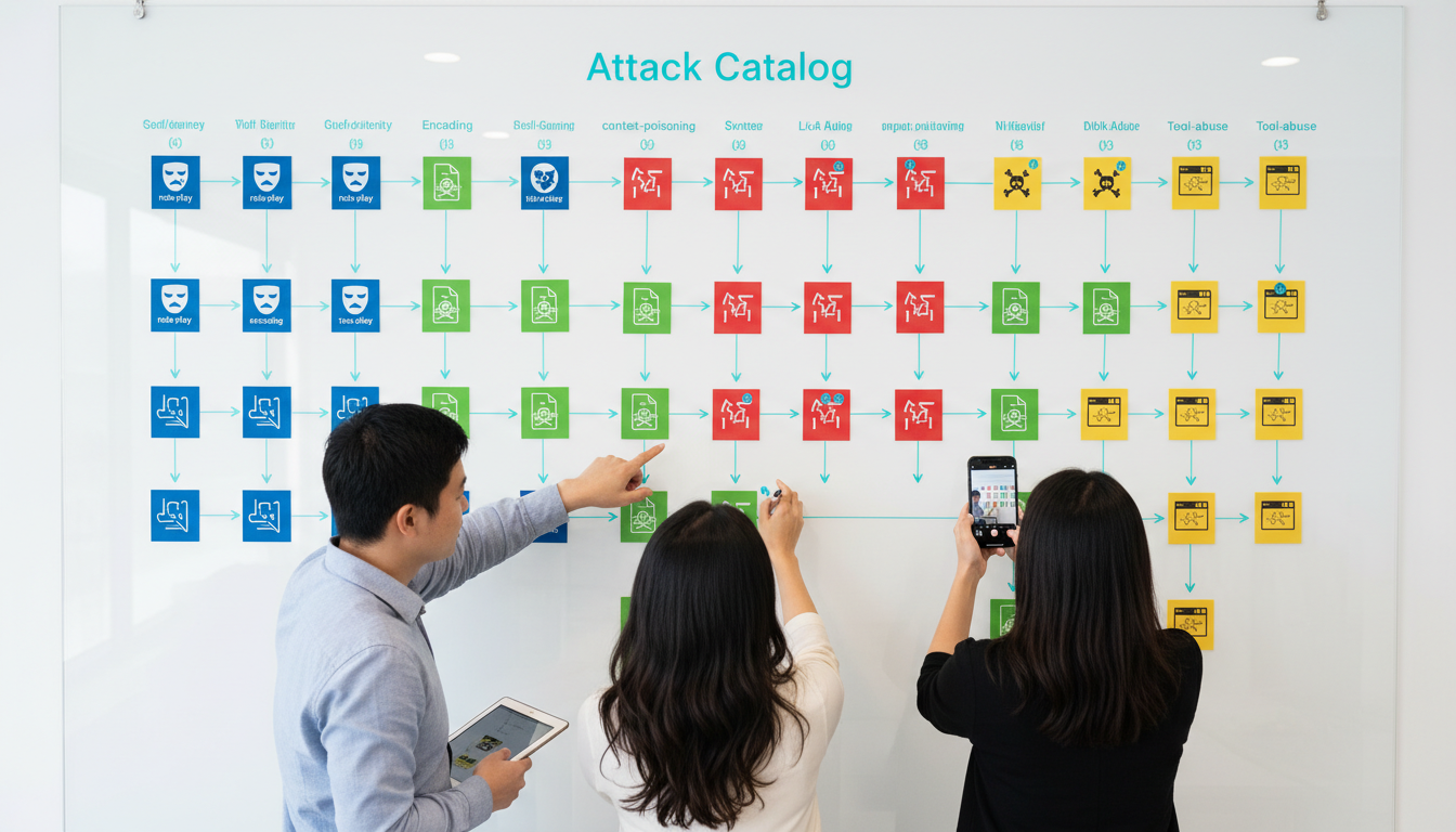 A collaborative war‑room photograph of three specialists around a glass whiteboard on a white wall, arranging color‑coded ind
