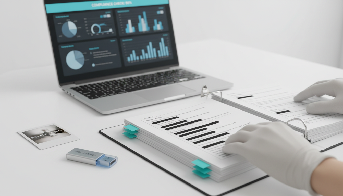 A close-up professional photo focused on evidence collection and reporting: hands organizing an evidence binder on a white ta