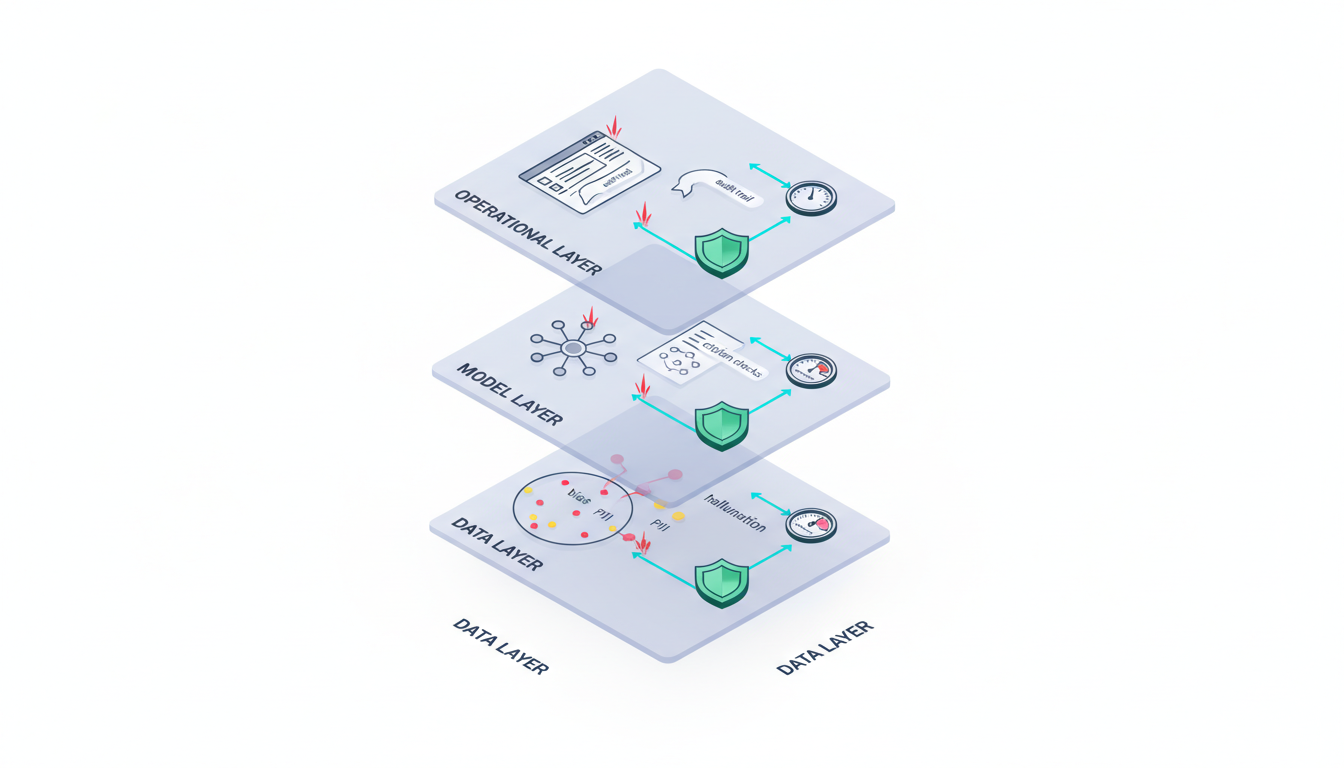 Isometric technical illustration that maps risks to actionable controls: a four-layer stacked column (data layer, model layer