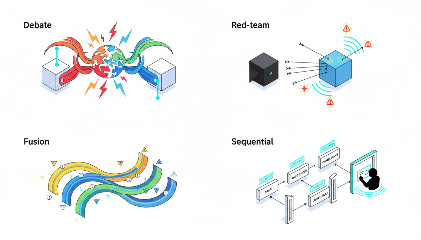 Multi-model orchestration explainer in four distinct micro-scenes arranged in a single cohesive isometric frame: (1) Debate s