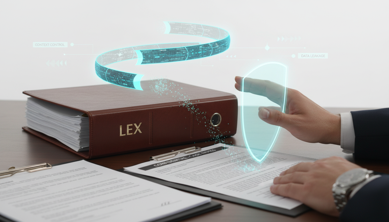 Persistent context control and multi-turn leakage metaphor: a legal office desk with a stately legal binder and a translucent