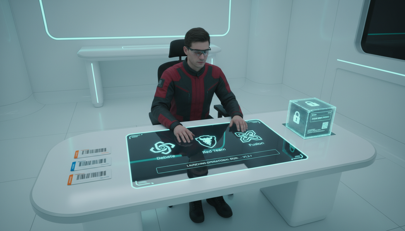 Operational run and test-suite versioning: control-panel view of a red-teaming operator launching a run — a row of stacked, c