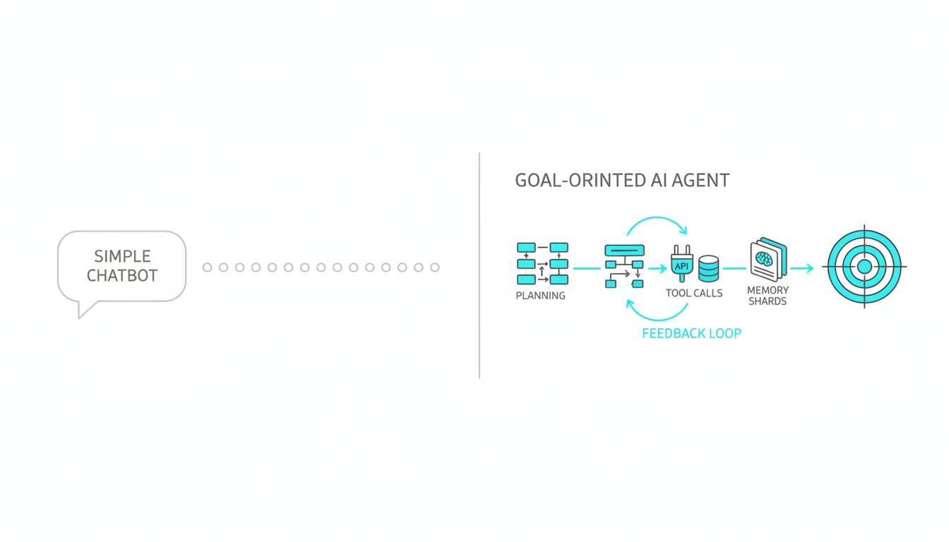 Split technical illustration comparing a simple chatbot and a goal-oriented AI agent: left panel shows a single speech-bubble-style module producing a linear string of small token-like dots (shallow, one-step response), right panel shows a multi-stage pipeline with a target icon at the end, small icons for planning (flow nodes), tool calls (API plug and database cylinder), memory shards (stacked cards), and a looping feedback arrow—use neutral-gray outlines with cyan (#00D9FF) highlights on the agent pipeline elements and target; clean white background, precise vector style, no text, make composition specific to the article's chatbot-vs-agent distinction, 16:9 aspect ratio