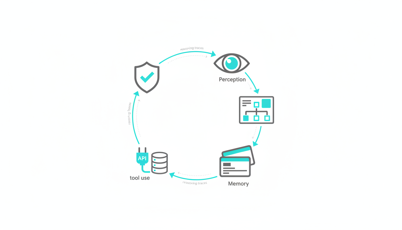 Circular five-component loop illustration showing agent architecture: five distinct icons arranged clockwise with thin arrows connecting them into a continuous loop—an eye for perception, a flowchart/plan grid for planning, stacked memory cards for memory, an API plug and database for tool use, and a shield with checkmark for feedback/verification. Use neutral grays for shapes and apply cyan (#00D9FF) accent to the connecting arrows and to one highlight element per icon; include subtle micro-traces (tiny dotted lines) representing reasoning traces between steps; clean white background, technical vector rendering, no text, explicitly visualizes the continuous perception→planning→memory→tool→feedback cycle described in the article, 16:9 aspect ratio