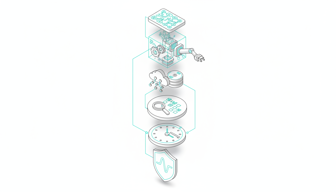 Isometric stacked-layer technical blueprint showing the six distinct architecture layers as visually unique modules without text: top layer a compact planner module (flow-like branching glyphs and routing lines), executor module with a mechanical arm and API plug, memory layer depicted as a hybrid of vector node cloud and stacked disks, reviewer layer with magnifier + checklist-style glyphs (no words), orchestration as a central timing dial connecting lanes, safety/observability as a shield with a trace-log waveform — connected by thin cyan routing lines, each module uses consistent icon language and soft shadows on white background, cyan highlights ~15%, meticulous vector detail to make each layer unmistakable and non-interchangeable, 16:9 aspect ratio