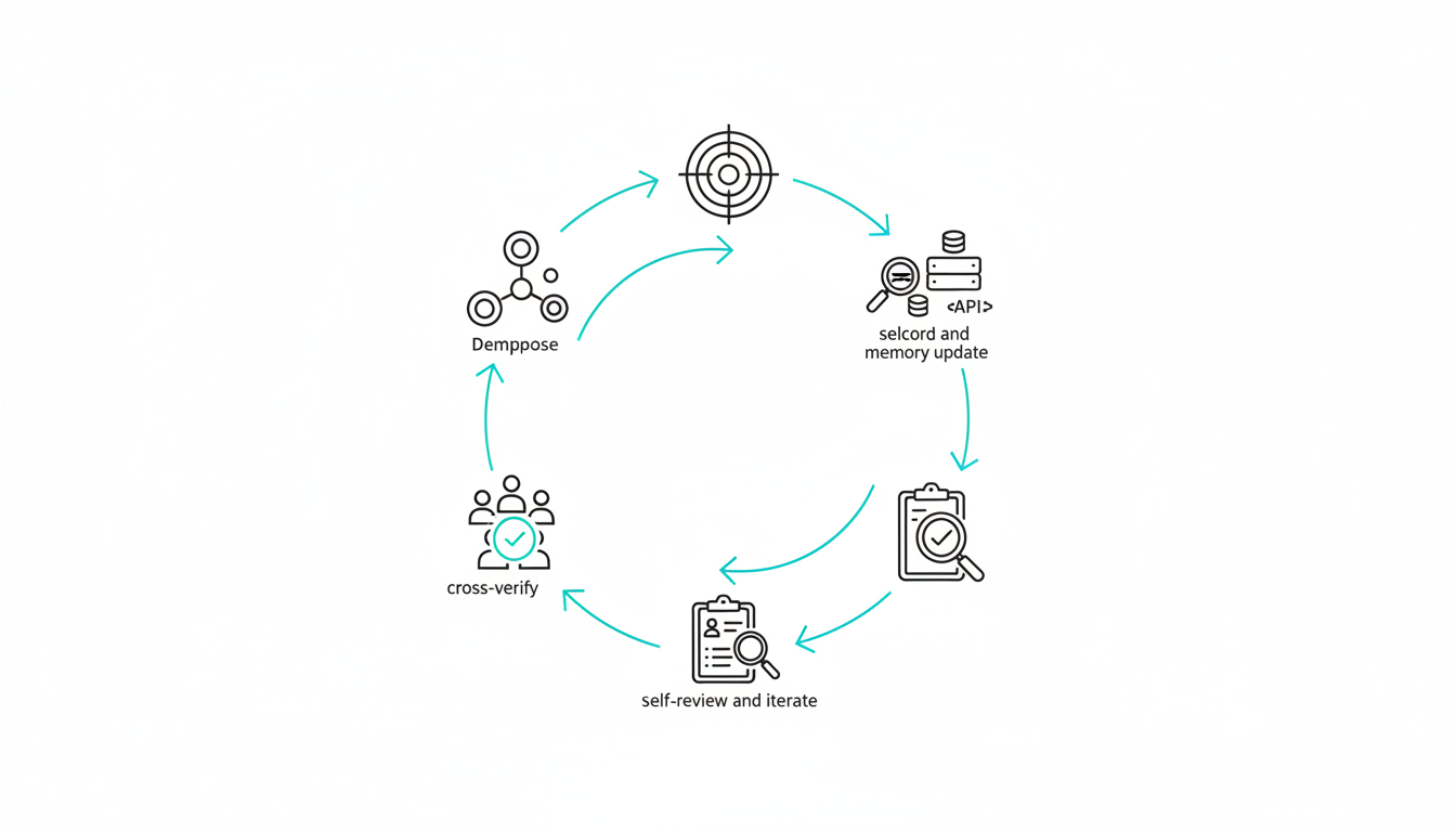 Clean circular workflow diagram rendered in technical illustration style (no text or numbers) that represents the agentic loop: a stylized bullseye/target icon for 'define goal', a branching node cluster for 'decompose', a tool cluster (magnifier, DB, API plug) for 'select and execute', a stacked-log/database glyph for 'record and memory update', a magnifier-plus-clipboard glyph for 'self-review and iterate', and a small cluster of distinct model glyphs (multiple model silhouettes) converging into a verification lens for 'cross-verify' — arrows link stages in clockwise flow with cyan accent strokes showing iteration and retry loops; white background, consistent vector line weight, cyan accents ~12%, no text, 16:9 aspect ratio