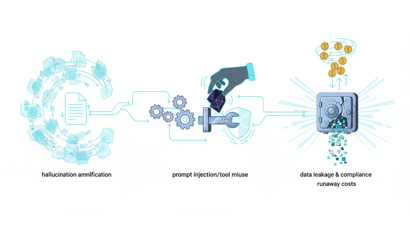 Split-scene technical illustration presenting distinct, recognizable failure metaphors arranged in a connected tableau (no labels): on the left, 'hallucination amplification' shown as a document icon that multiplies and distorts into ghostly copies feeding back into the pipeline; center, 'prompt injection/tool misuse' depicted as a shadowy hand sliding a malformed instruction token into a tool port while a safety shield flickers; right, 'data leakage & compliance' illustrated as a cracked safe with pixelated data spilling into outside channels and a dollar-coin loop representing 'runaway costs' spiraling upward — connecting cyan trace-lines indicate how one failure propagates to others, white background, vector-style, cyan highlights ~15%, no text, 16:9 aspect ratio