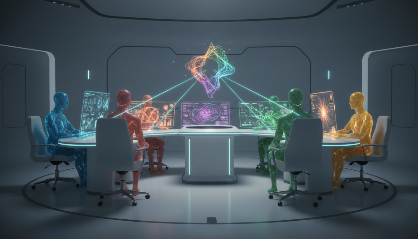 Multi-LLM orchestration 'AI boardroom' scene: cinematic photograph of a semicircular table with five translucent holo-screens/archetypal agent avatars (different lighting tones) facing a central synthesis console, each holo-screen shows distinct non-textual visual patterns (analytical charts, divergent color-coded reasoning threads) while a soft cyan beam converges them into a single consolidated holographic result above the console, moody professional lighting, white-modern interior, cyan accents limited to the convergence beam and console trims, no textual overlays, 16:9 aspect ratio