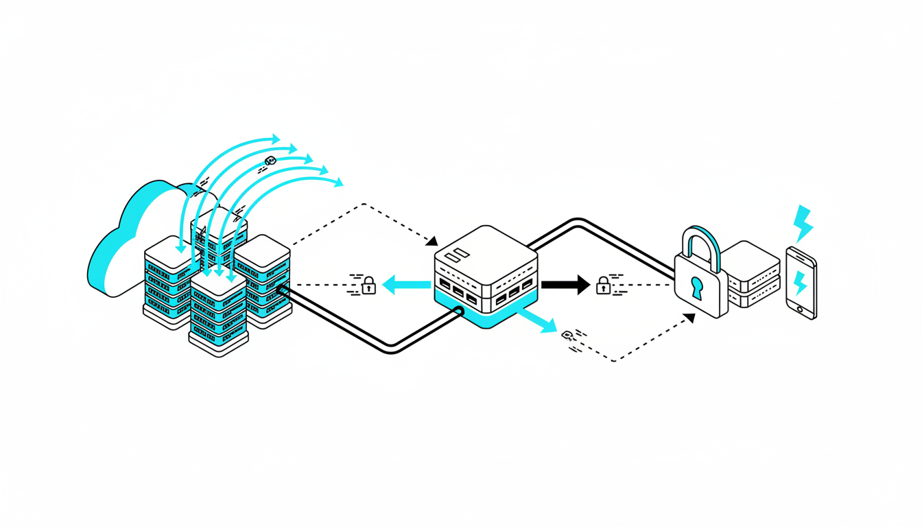 For H2 — Inference Architectures: Cloud, Edge, and Hybrid Deployment: isometric technical diagram that cannot be confused with generic cloud art — three distinct platforms left-to-right: a cloud data-center cluster with stacked GPU racks and elastic curved arrows, a small on-prem edge node represented as a locked server and a smartphone with a low-latency bolt icon, and a hybrid gateway appliance in the middle routing split traffic with directional pipelines. Visual trade-off cues: tiny latency-speed glyphs (icons only), a privacy lock near the edge, and dotted lines for data egress. Clean white background, consistent black linework, cyan #00D9FF used only on routing arrows and highlight accents (10–20%), clear isometric depth so each platform reads uniquely, no text, professional technical-illustration style, 16:9 aspect ratio