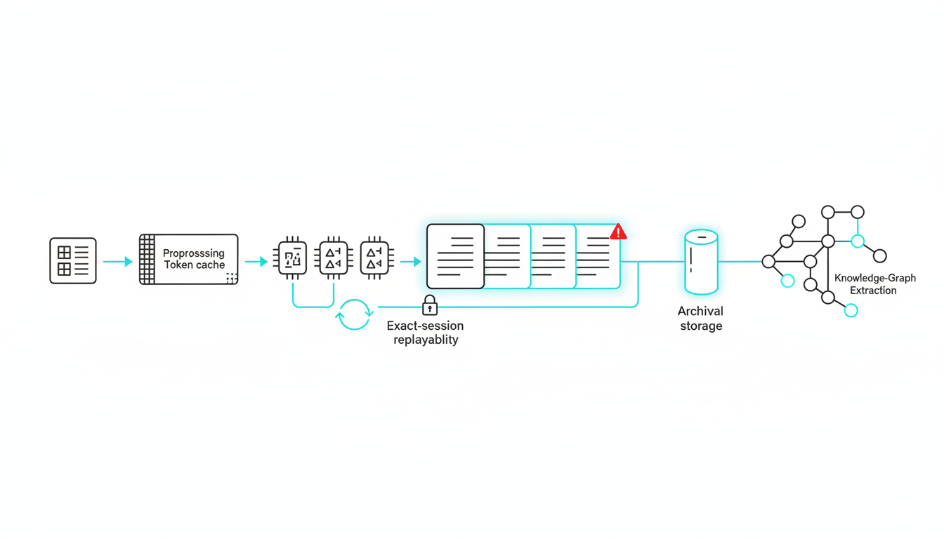 For H2 — Evaluation and Governance at Inference Time: reproducibility and audit-trail visualization — a horizontal timeline of a single inference session depicted as a series of iconized artifacts: input prompt packet, preprocessing token cache block, model-version chips stacked with small abstract 'version' tick glyphs, parallel raw outputs as document cards, an archival cylinder for storage, and a branching knowledge-graph extraction to the right showing nodes and edges. Overlay small governance cues: a lock icon (privacy), a warning flag on a flagged output, and a replay arrow denoting exact-session replayability. White background, minimal black linework, cyan #00D9FF used subtly on the timeline connector and audit highlights (10–20%), clear separation of artifacts so this image maps only to governance/evaluation content, no text, professional technical-illustration style, 16:9 aspect ratio