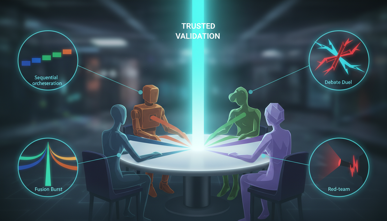 A visual metaphor for multi-LLM orchestration and validation modes: four translucent holographic AI agents (distinct silhouettes in muted tones) arranged around a round table of light, each emitting colored reasoning ribbons toward the center; small vignette overlays around the scene depict three orchestration modes — a sequential chain of stepping light panels, a debate duel of crossing ribbons that highlight disagreement, and a fusion burst where parallel ribbons converge into a synthesized beam — plus a small red-team spotlight that throws an adversarial shadow on one output; subtle cyan (#00D9FF) used for the trusted-validation ribbon and center synth glow, cinematic yet professional lighting, photorealistic figures with polished illustrative overlays, no text, 16:9 aspect ratio