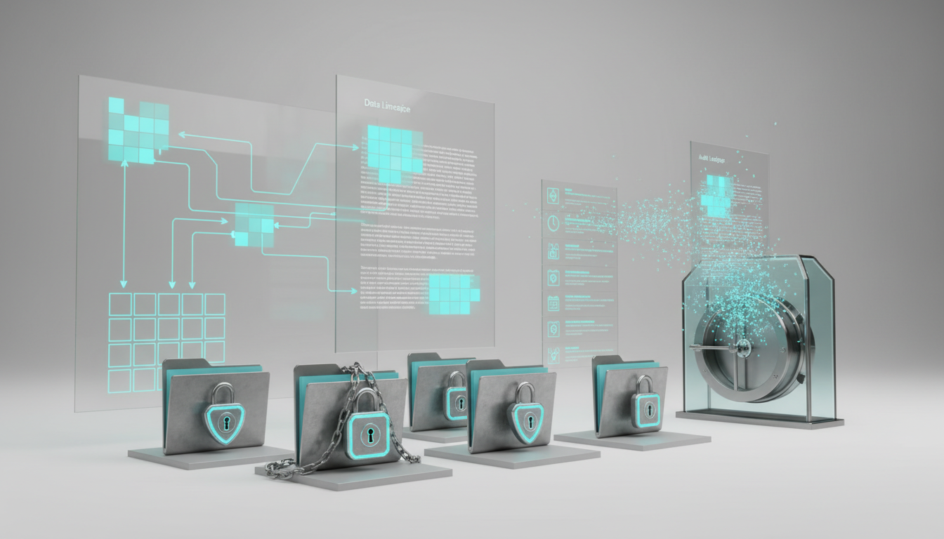 A governance and data-protection composition showing regulated architecture and audit lineage: layered scene with foreground locked folders and role-based padlocks on pedestals, midground a document undergoing PII redaction shown as pixelated mask over sensitive lines, and background a transparent lineage map tracing each redacted chunk back to immutable source tiles and an audit ledger represented by stacked time-stamped cards (visual only, no words); right-to-deletion depicted by a disappearing document that fragments into fading data particles streaming into a secure vault; subdued white background, professional modern photoreal textures with 10-15% cyan (#00D9FF) accents on locks and audit links, soft studio lighting, no text, 16:9 aspect ratio
