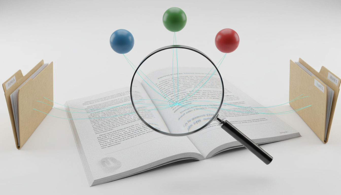 Photorealistic close-up illustrating 'verification methods matter more than model names': an open multi-page report on a white table with a glass magnifier hovering over a passage, three small abstract circular nodes (representing different models) float above the page pointing to different lines, delicate citation-like threadlines connect each node back to separate source folders at the edge of frame, the threadlines include thin cyan highlights (~10-15% color), crisp detail on paper texture and finger smudge, professional studio lighting, no text or labels, 16:9 aspect ratio