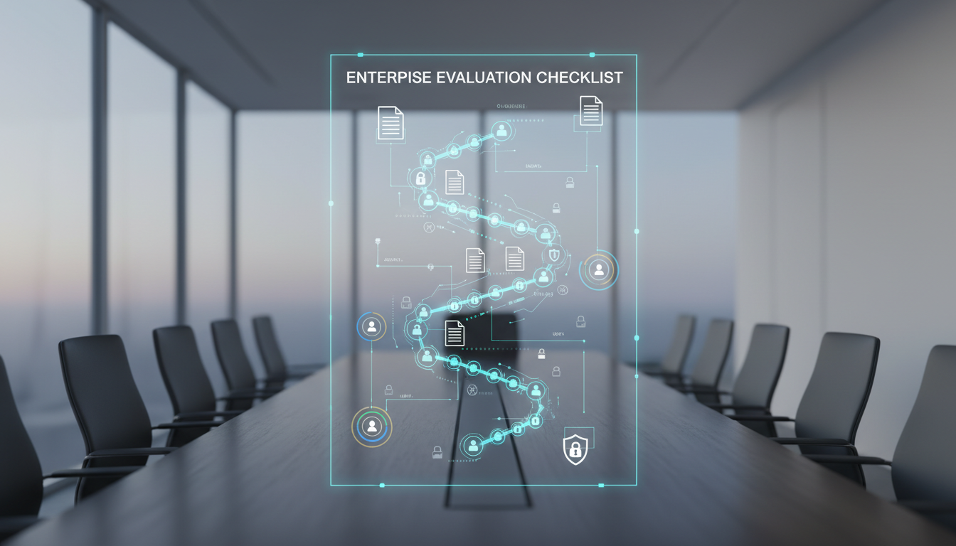 Photorealistic executive evaluation scene for 'Enterprise Evaluation Checklist': a modern boardroom with a translucent vertical holographic panel projected above the table showing an audit trail visualization—a chain of document icons and timestamped dots connected by lines—abstract locks and shield shapes represent compliance and data controls, role-based access shown as colored rings around small silhouetted user icons, background white with soft natural fill light, subtle cyan accent on key trail lines and shield edges, no words or logos, 16:9 aspect ratio
