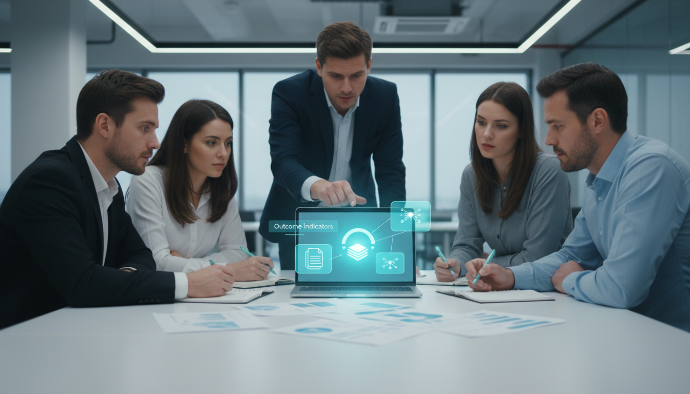 Photorealistic pilot-design moment for 'Pilot Design for High-Stakes Teams' and outcome-focused choice: small power-user group of five around a laptop and printed use-case briefs, laptop screen displays a layered visual (abstract outcome indicators: a glowing arc for 'confidence', stacked translucent pages for 'revision cycles', and converging light paths for 'error reduction') rendered as non-textual icons and charts, a facilitator points at the screen while another takes notes, white clean workspace, cyan highlights applied sparingly to the outcome indicators and a pen, professional modern lighting, no text visible, 16:9 aspect ratio