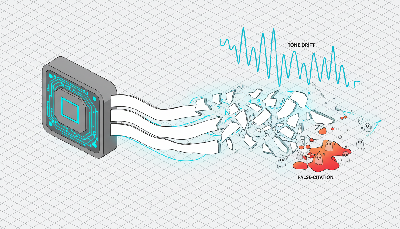 Detailed technical isometric diagram illustrating the risks of a single-model pipeline: one oversized model node at left emitting a stream of content ribbons that fragment into broken shards and ghostlike floating quotation fragments (abstract shapes, no text), a wavering tone waveform above the ribbons showing irregular peaks (tone drift), and scattered small ghost icons around false-citation blobs to imply hallucinated sources; background light with thin black lines and cyan accents on the waveform and problem shards, vector style, precise, educational, 16:9 aspect ratio