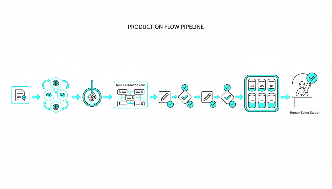 Isometric pipeline diagram showing a seven-stage production flow from left to right: an initial brief node (document icon block) feeding into a multi-model research cluster (three small model nodes in debate with interconnecting arrows), a fusion node where outlines merge, a tone-calibration zone with three small sample-paragraph blocks being compared, sequential drafting nodes with paired verification check nodes, a validation gate composed of five vertical dial indicators (different fill levels) and finally a human editor station at the end with a stylized pen and approval arc; light background, thin black vector lines, cyan highlights on key connectors and the validation dials, clearly labeled-by-shape not text, instructional visual, 16:9 aspect ratio
