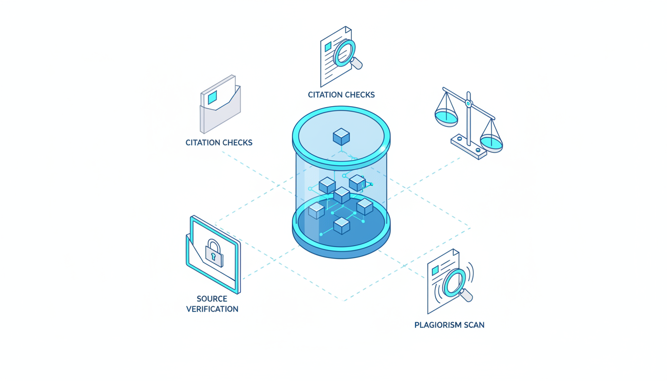 Technical illustration of an enclosed 'guardrail' system protecting a content pipeline: central content stream passes through a translucent shield; surrounding elements include a locked archive box representing source verification, a magnifying-glass-over-document icon indicating citation checks, a balanced scale icon for disclosure and compliance, and a plagiarism-scan panel shown as a magnifier with pattern detection lines — all rendered as simple vector icons connected by pathways; white background, cyan accents on the shield rim and archive box, consistent isometric viewpoint and thin-line technical style, 16:9 aspect ratio
