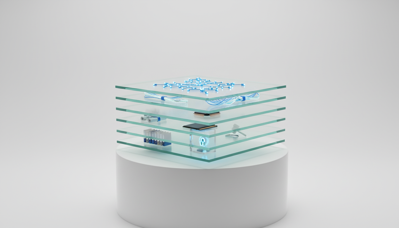 Conceptual product-photography depiction of the AI hub reference architecture: five stacked translucent glass plates (horizontal layers) on a white pedestal, each plate contains a unique physical symbol—a miniature document stack for Data, a small memory module for Context, a bundle of fiber-optic cables for Orchestration, a cluster of glowing micro LEDs for Analysis, and a sealed transparent vault for Governance—soft studio light, subtle cyan edge-lighting on each layer to tie to brand color (≈10%), clinical professional modern look, no text, 16:9 aspect ratio