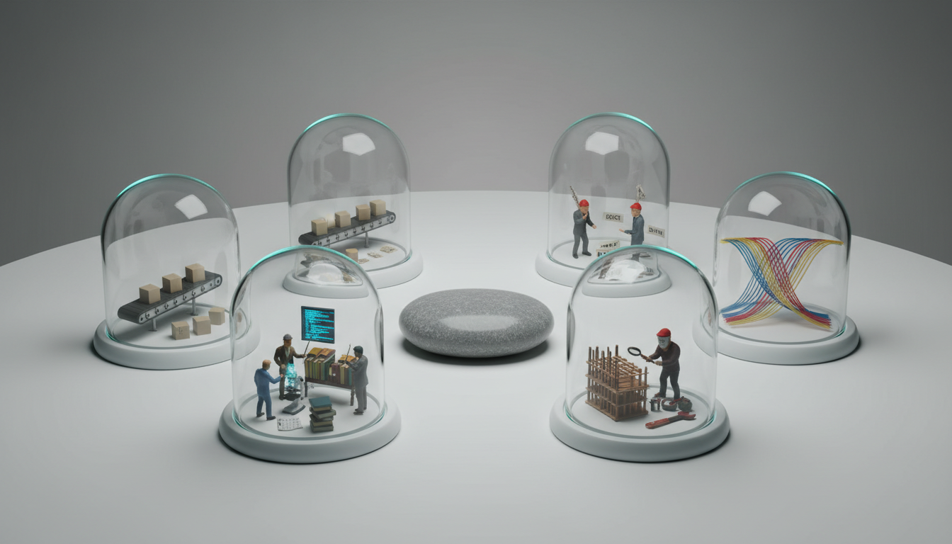 Narrative still-life illustrating the 'Six Orchestration Modes': a white tabletop with six individual glass domes arranged in a hexagon around a neutral central balance stone; inside each dome is a tiny staged scene representing a mode—a conveyor belt of tiny boxes (Sequential), three miniature figurines in heated posture with tiny paper 'arguments' (Debate), three converging colored thread streams merging into one ribbon (Fusion), a masked miniature probing a small model mockup with toy tools (Red Team), a conductor figurine leading stacked research papers and tiny books (Research Symphony), and a figure at a microscope examining code snippets (Targeted); consistent professional studio lighting, cyan accent highlights on each dome (≈10–15%), no text, 16:9 aspect ratio