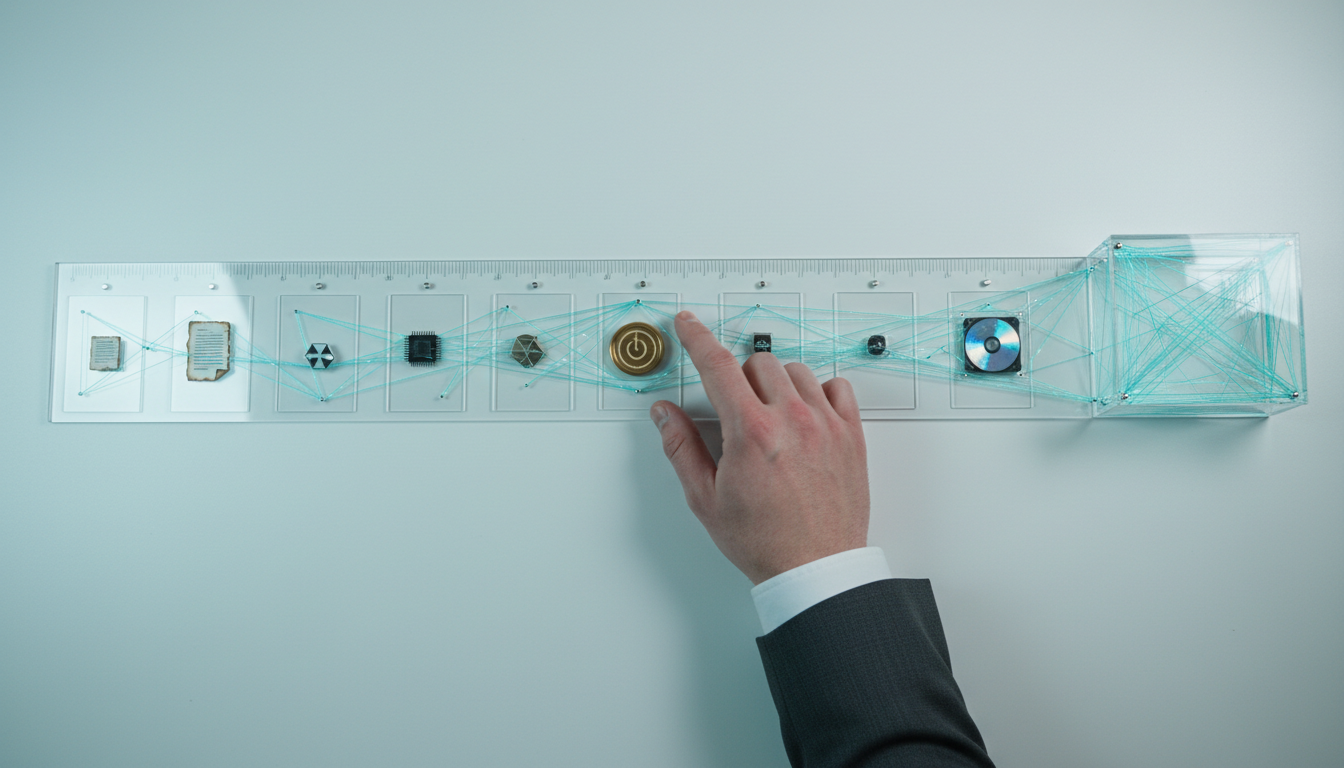 Photographic visualization of Decision Trail Architecture and reproducibility: a long clear acrylic timeline laid across a white desk with a sequence of transparent cards pinned along it—each card holds a small object representing an artifact (document fragment, model chip, timestamped token, prompt-archive disk) connected by thin cyan thread (#00D9FF) that traces provenance from inputs to final sealed archive box; a human hand in business attire points to a specific card to imply audit review, crisp modern professional styling, subdued cyan accents (≈10%), no text, 16:9 aspect ratio