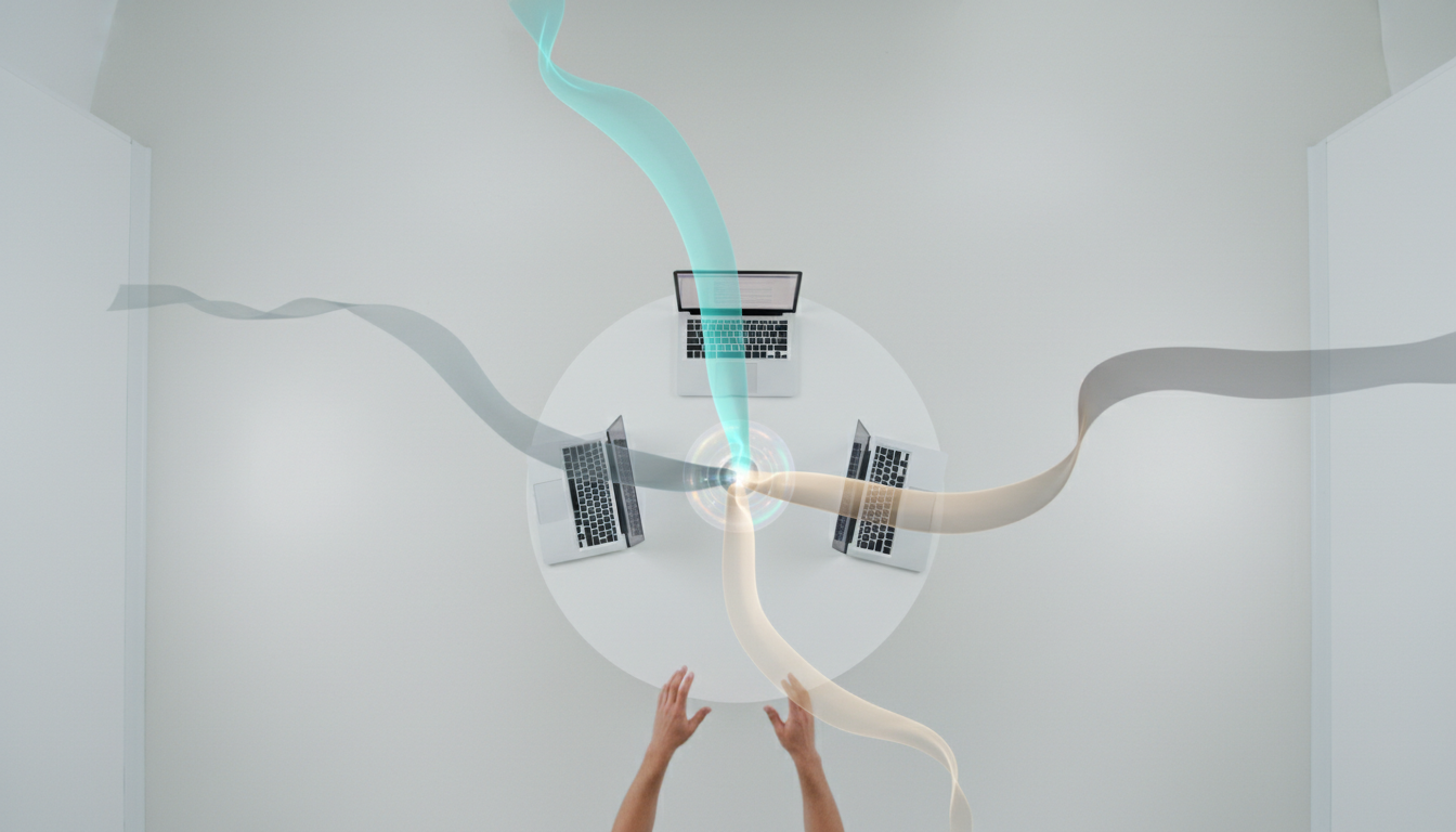 Core Orchestration Modes for Research Workflows: Wide, cinematic overhead photograph of a small round meeting table in a whit