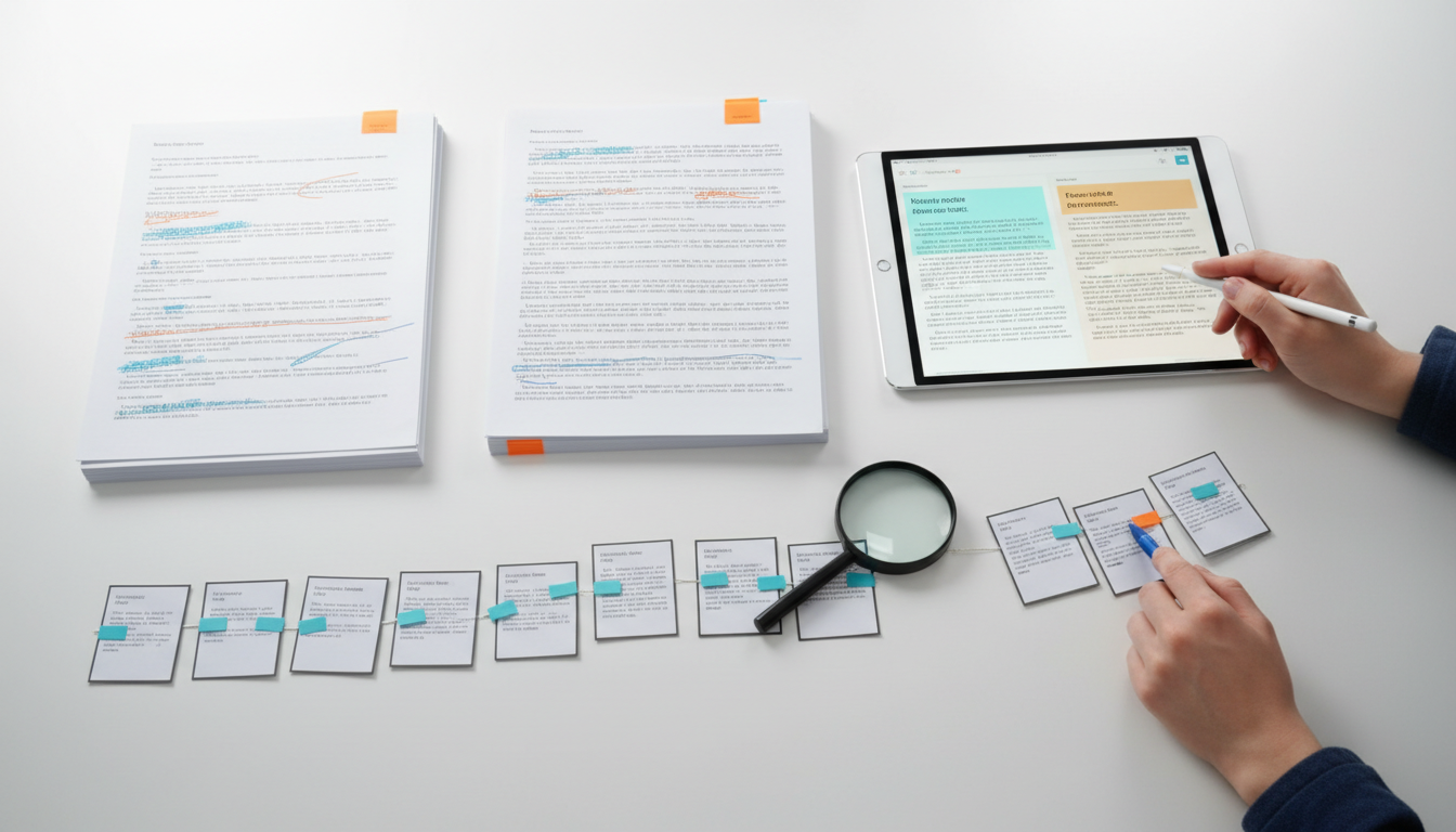 Validation Workflows That Reduce Research Risk: Close-up professional photograph of a reviewer workspace: two sets of printed