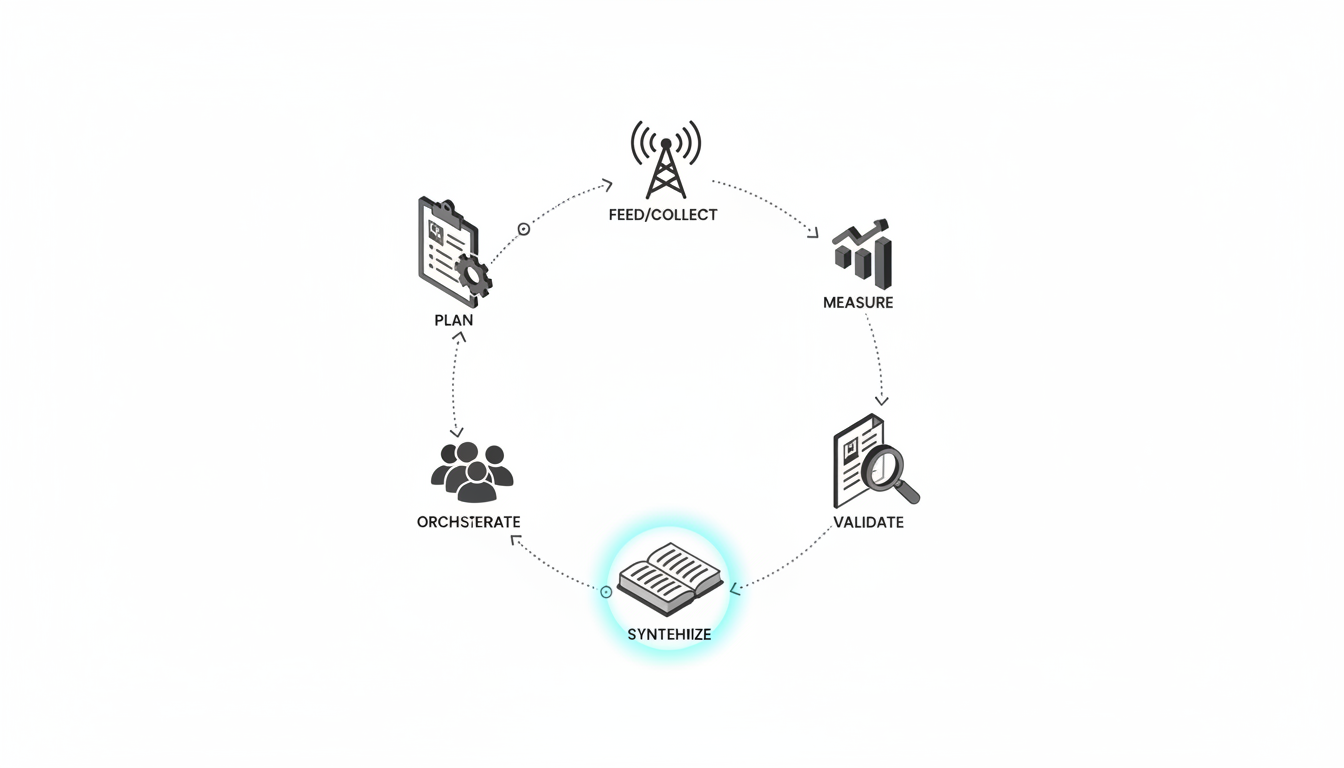 Isometric technical illustration of the Operational CI Cycle rendered on a white canvas: a closed loop made of seven distinct