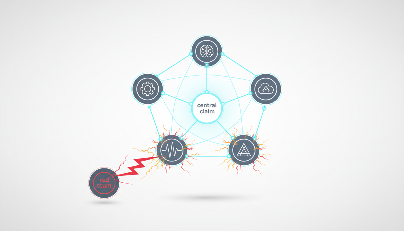 Technical illustration visualizing multi-AI orchestration in "debate" mode: five distinct abstract model modules (circular av