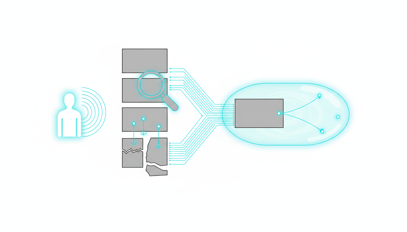 Technical diagram-style illustration showing a user query (abstract human outline and glowing speech pulse) flowing to a retr