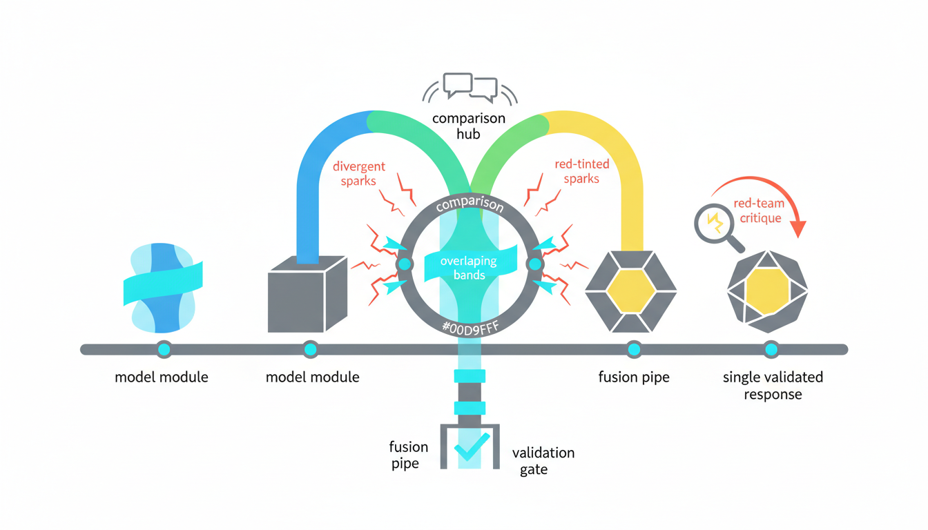 Technical orchestration illustration: three distinct model modules (differently shaped blocks) placed in parallel, each emitt