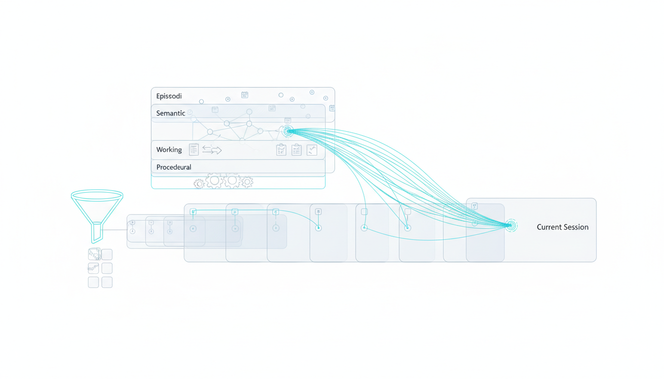 Layered technical illustration of persistent conversation memory: a horizontal timeline made of translucent cards (sessions) 
