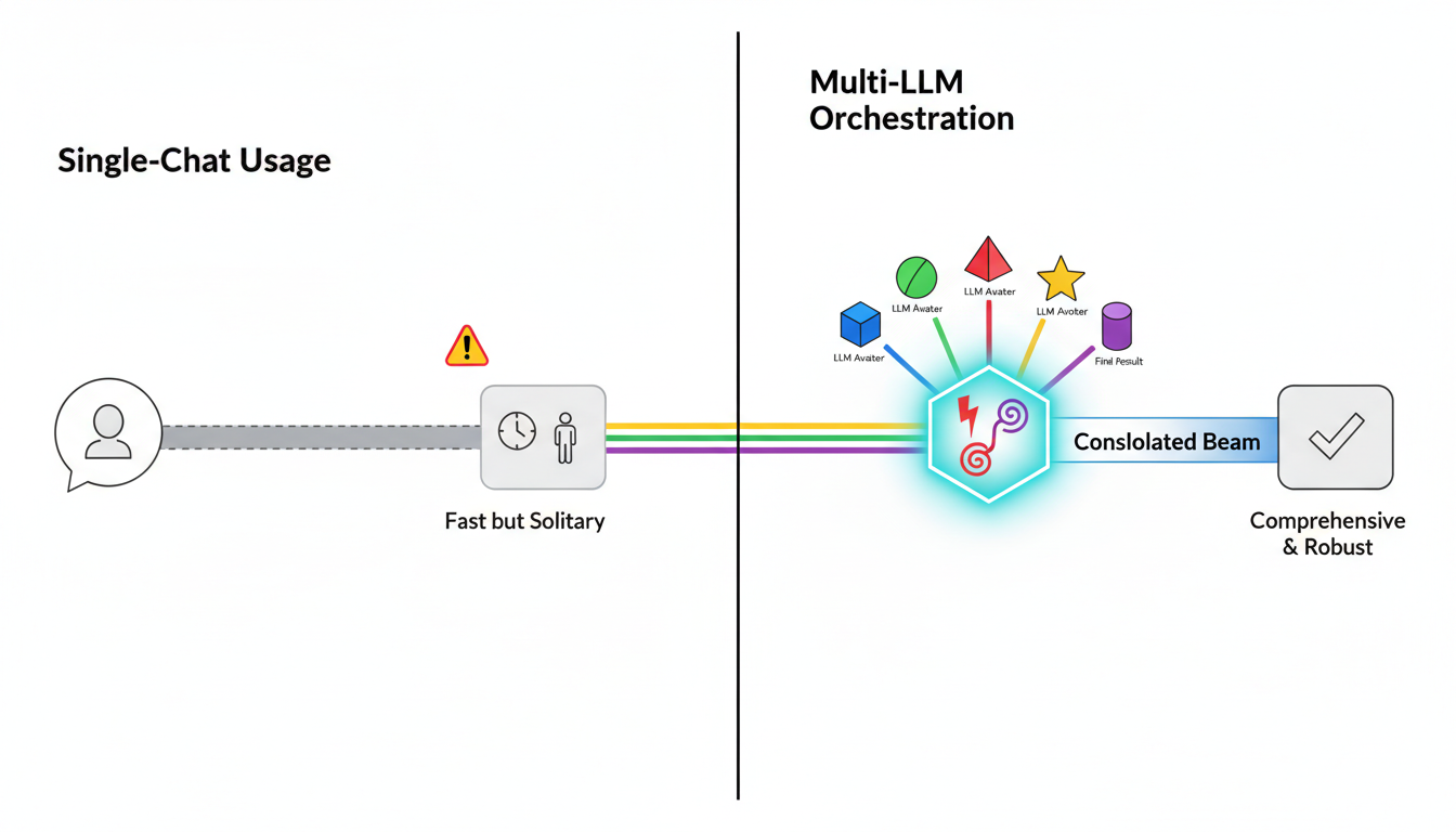 Multi-LLM Orchestration vs Single-Chat Usage — a split-panel technical illustration that cannot be swapped: left panel shows a lone chat bubble feeding a single gray ribbon into a small result tile (fast but solitary); right panel shows a 5-Model boardroom with five distinct model avatars (abstract geometric shapes) sending parallel colored ribbons into a synthesis node that emits a consolidated beam; include visual disagreement markers (contrasting exclamation glyph-style shapes, no text) and a unifying cyan highlight on the synthesis node; consistent clean vector style on white background, 16:9 aspect ratio