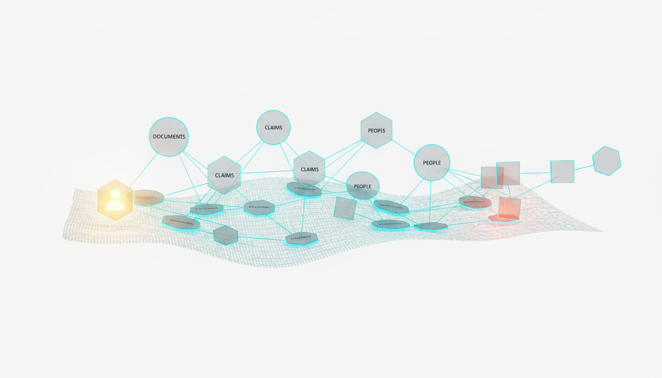 Persistent Context and Knowledge Graphs — an impossible-to-misplace visual: a living knowledge graph rendered as interconnected nodes (documents, claims, people as different-shaped nodes) over a faint woven 'context fabric' layer that ties related nodes; show evidence mapping with citation-links represented by thin luminous ties, a newly-added node glowing to indicate incremental growth, and a small gap cluster visually flagged with a contrasting tone to show missing evidence; technical illustration, white background, subtle cyan (#00D9FF) accents on key edges and the fabric (10–15%), no text, 16:9 aspect ratio