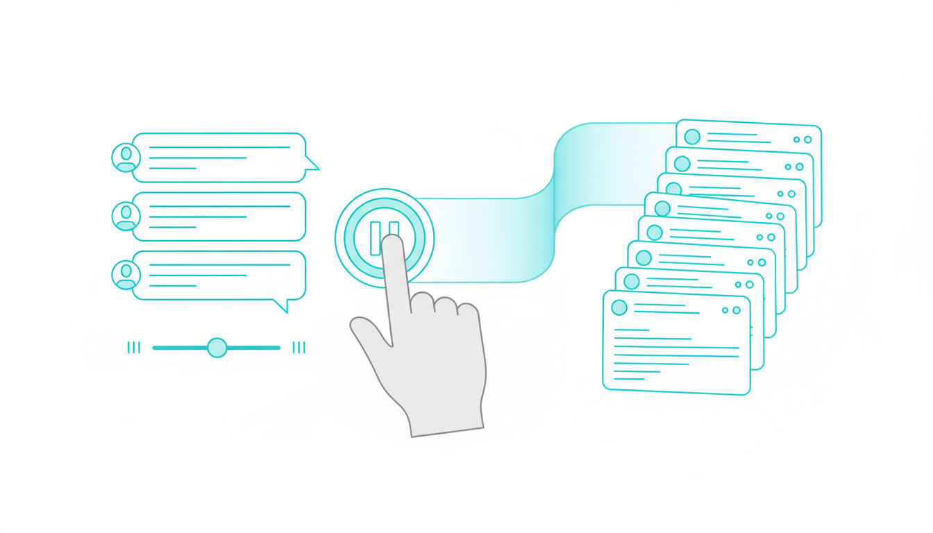 Granular Conversation Control and Auditability — a scene showing a hand interacting with a control surface: tactile controls (a large stop/pause button being pressed, a vertical queue of message bubbles with tiny model avatars attached, and a detail-level slider with discrete notches) rendered as UI-like objects but abstracted (no real UI text); adjacent is a translucent audit ribbon flowing from the conversation into a stack of timestamped cards represented only by rows and dot markers (no numbers), signifying exportable transcripts and model attribution; cohesive technical illustration style, white background, cyan accents on controls and audit ribbon (~10%), no text, 16:9 aspect ratio