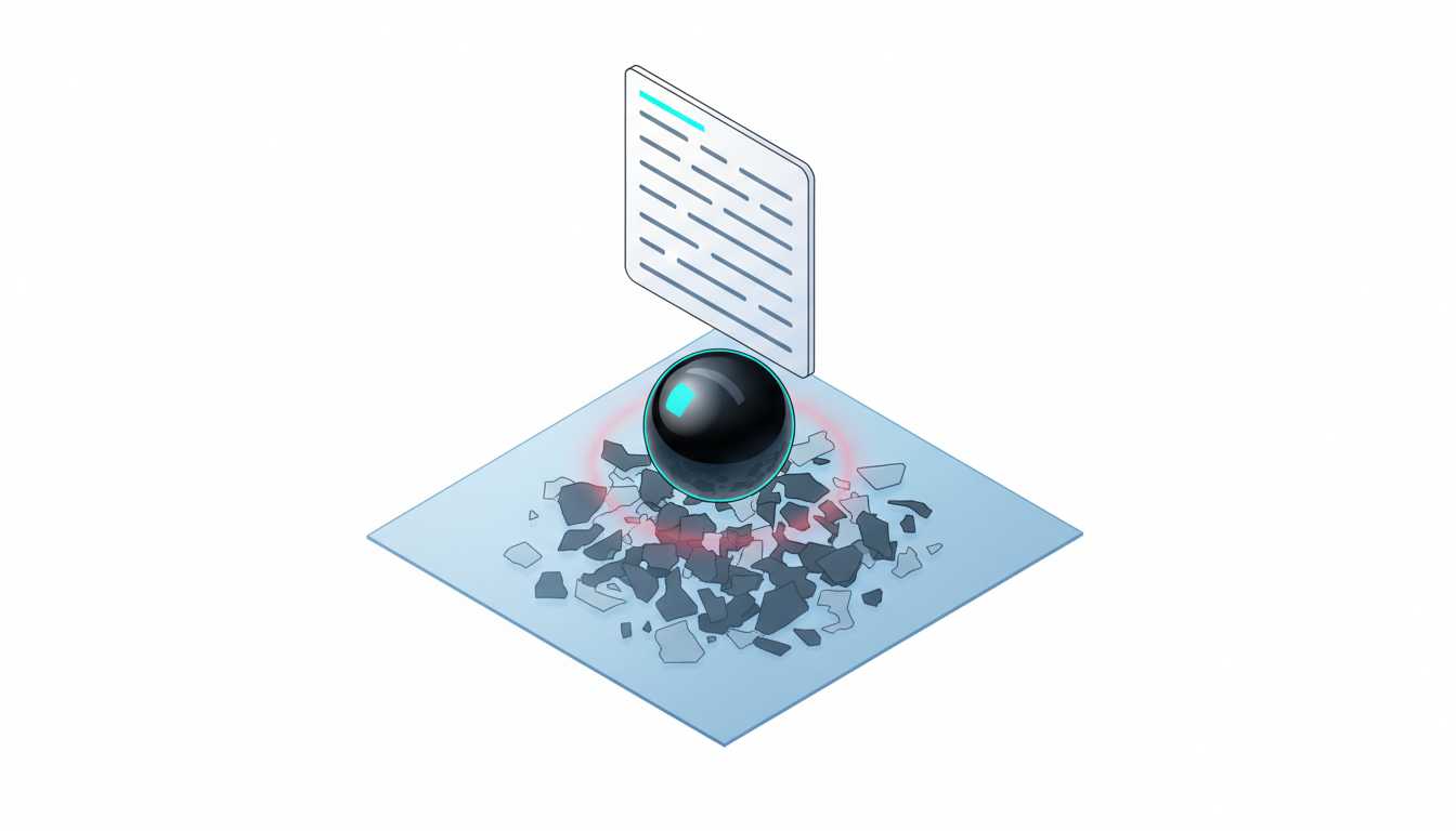 Technical illustration showing a glossy single-model 'note generator' (a polished single lens / orb) producing a neat summary card stacked above the surface; below the surface (visible through a translucent plane) jagged speaker blobs overlap and scrambled name tokens float — visual contrast between the confident clean card above and messy unseen errors beneath, cyan accent highlights on the generator and a faint red halo where misattribution occurs, isometric perspective, no text, white background, 16:9 aspect ratio