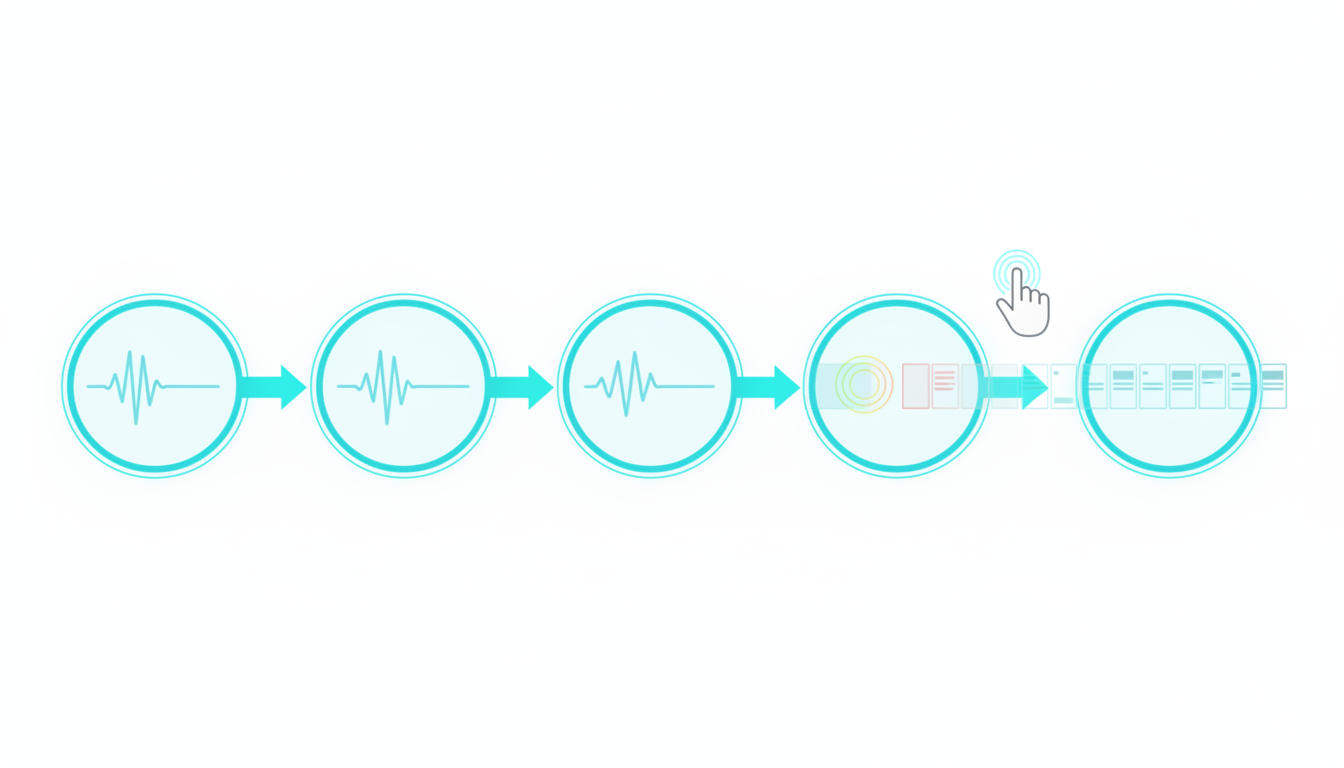 Sequential multi-model orchestration illustration: five translucent stacked model nodes (each a distinct circular module) connected by directional arrows that carry a transcript ribbon (waveform to text-block tiles) from left to right; where nodes disagree, small colored pulses (green/yellow/red rings) appear above the ribbon and a human review hand icon hovers over the conflicted tile — clean technical lines, cyan accent on connection paths, no text, white background, emphasize sequential context-building not parallel scatter, 16:9 aspect ratio