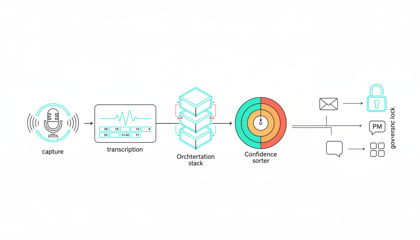 Isometric pipeline diagram rendered as a polished technical illustration: capture (microphone icon with cyan recording ring) feeds into transcription (waveform transforming into timestamped tiles), then into an orchestration stack (stacked model modules with small disagreement pulses), then into a confidence sorter (three colored rings: green, amber, red) and finally distribution nodes (abstract app shapes for email/PM/Slack) with a governance lock icon on the side — no text, consistent lineweight, white background, cyan used as subtle highlight color, 16:9 aspect ratio