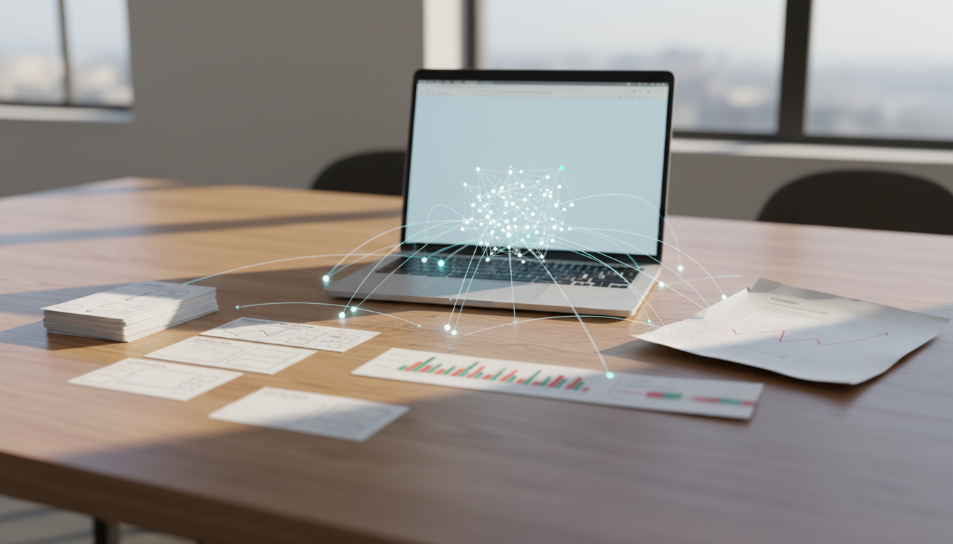 The Decision Intelligence gap visualized as physical artifacts: a bright workspace tabletop scattered with blank kanban-style index cards (Jira-like), a pull-request strip with green/red change bars, a folded research sheet showing a sparkline graph (no numbers), and a laptop with a blank doc, all connected by delicate glowing threads that form a small knowledge-graph web in the center, cyan (#00D9FF) threads used as subtle accents (10-15%), shallow depth of field, professional modern photography, no text or visible logos, 16:9 aspect ratio