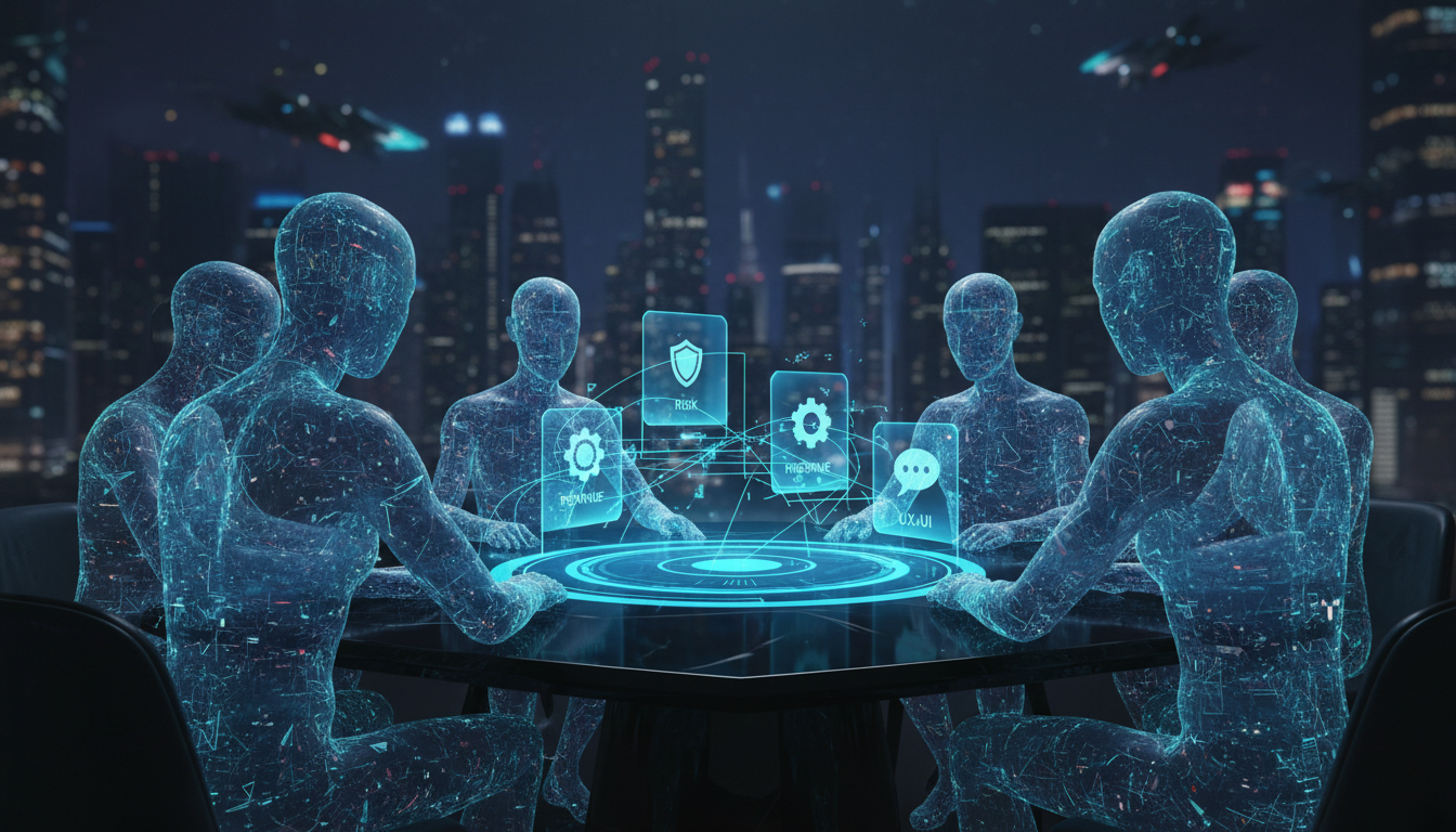 Multi-LLM orchestration scene: five semi-transparent, stylized human silhouettes (representing distinct AI models) seated around a holographic decision board projected above a table; the board shows layered icon-only cards (shield icon for risk, gear icon for engineering, chart shape for revenue, speech-bubble shape for UX) and animated debate lines between cards, cyan (#00D9FF) accent glows on the board and subtle rim lighting on silhouettes, cinematic professional photographic composite, no text, 16:9 aspect ratio