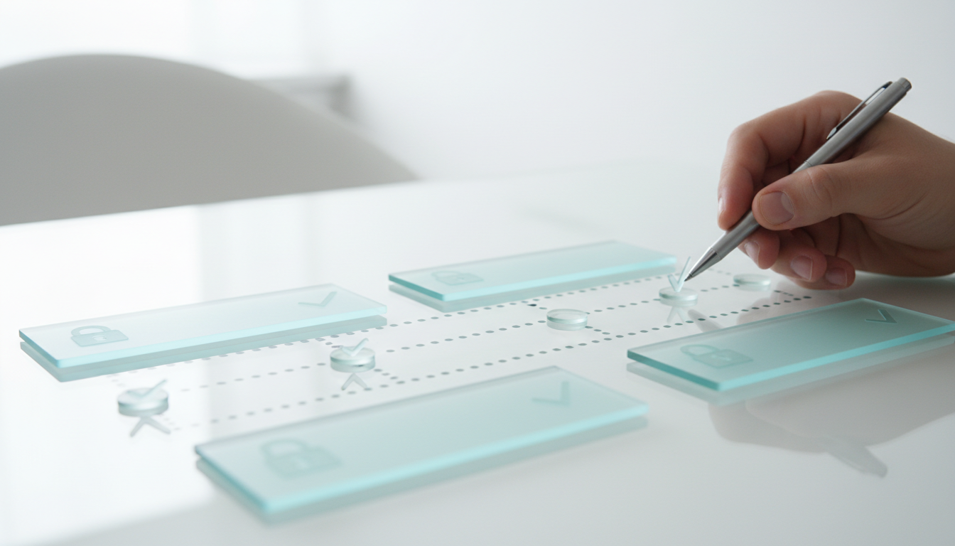 Governance and audit trails / incident postmortem composition: a close-up of a glass surface with stacked translucent decision cards arranged as a timeline (dot-and-line visual only, no text), small lock and checkmark icons as visual affordances (icon-only), a human hand hovering with a pen to indicate human-in-the-loop, faint cyan (#00D9FF) highlight on the timeline and icons (10-15% accent), clean white modern background, professional photography style, no text, 16:9 aspect ratio