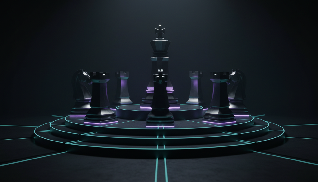 Cinematic ultra-realistic 3D render of five modern, monolithic chess pieces in matte black obsidian and brushed tungsten arra